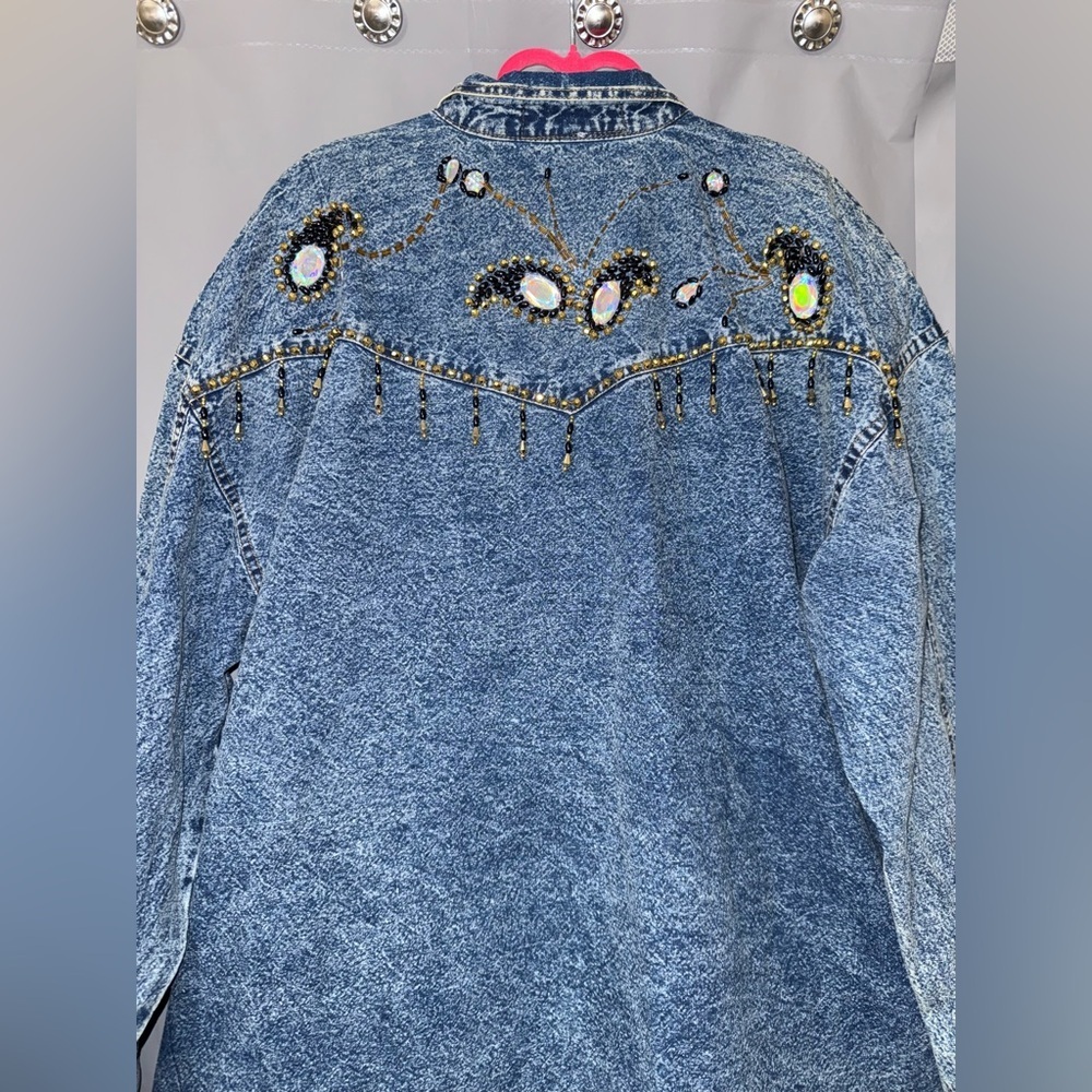 Pret Vintage Beaded 100% Cotton Denim Dress With Pockets Size L - Picture 7 of 8